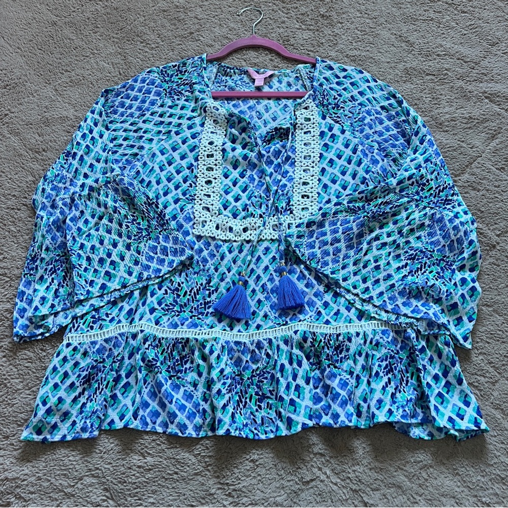 Lilly Pulitzer Amisa Bell Sleeve Blouse Boho Peasant Cottage Fairy Preppy Size L